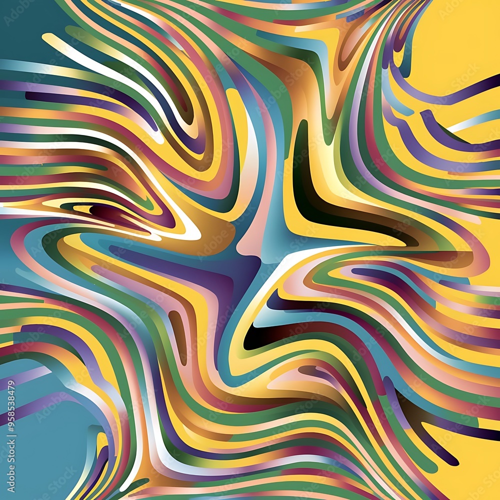 Top view of curved multicolored lines on blue and yellow background Top view of curved multicolored lines on blue and yellow background