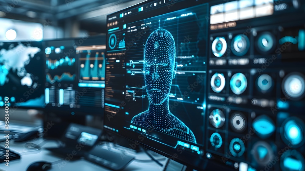 Futuristic digital interface displays with biometrics and data analysis in a high-tech control room, showcasing advanced technology. Futuristic digital interface displays with biometrics and data analysis in a high-tech control room, showcasing advanced technology.