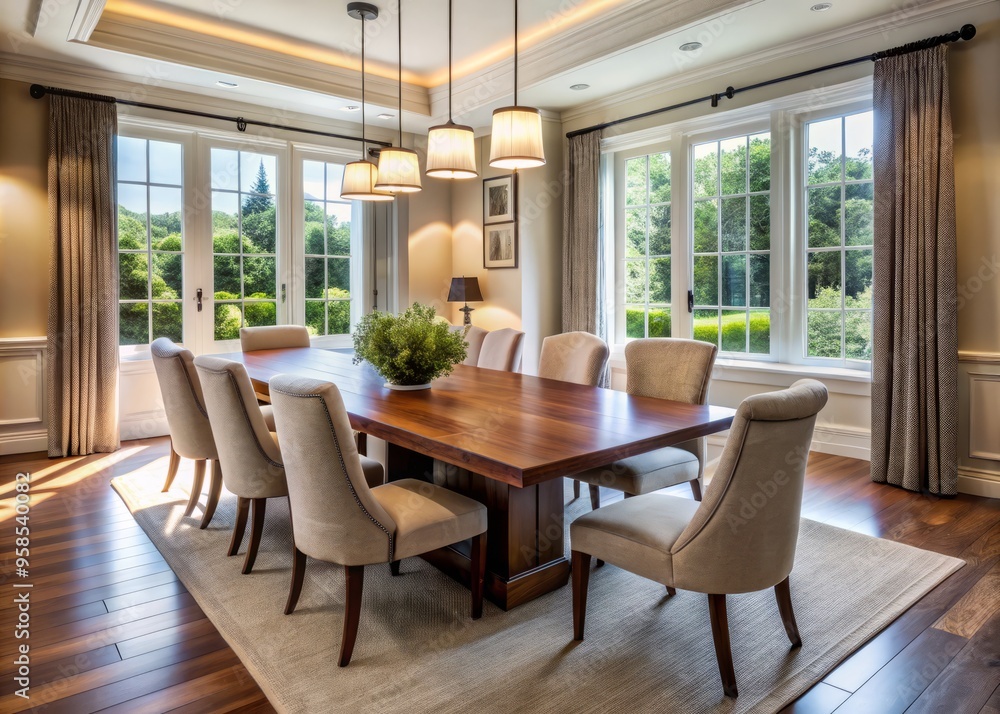 Fototapeta premium The elegant dining space is defined by a warm wooden table, comfortable upholstered chairs, and a generous window