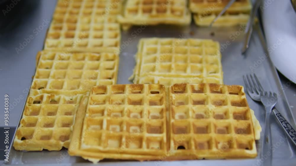 lots of ready-made square waffles on a tray freshly prepared breakfast for a large family lots of ready-made square waffles on a tray freshly prepared breakfast for a large family