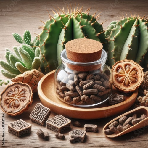 A glass jar filled with a brown powder, Hoodia Gordonii Extract. photo