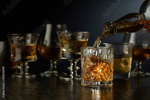 Whiskey is poured from a bottle into a glass. photo