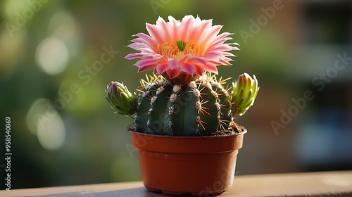 Blooming Moon Cactus in Soft Morning Light on Balcony - Outdoor Setting Beauty photo