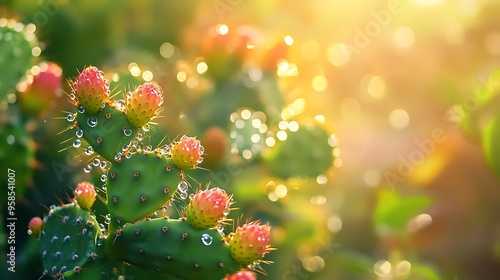 Serene Morning Close-up of Peyote Cactus with Dew Drops in Desert Landscape