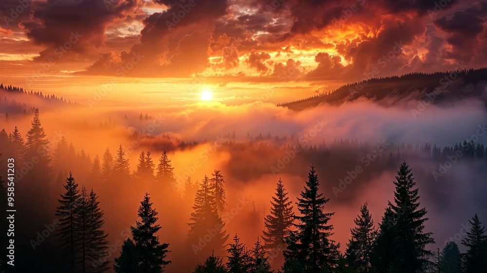 Capture of a red fiery sunset illuminating the sky over a serene landscape during evening hours Capture of a red fiery sunset illuminating the sky over a serene landscape during evening hours