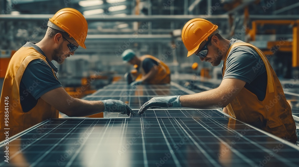 Engineers Assembling Solar Panels in a High-Tech Manufacturing Facility Engineers Assembling Solar Panels in a High-Tech Manufacturing Facility