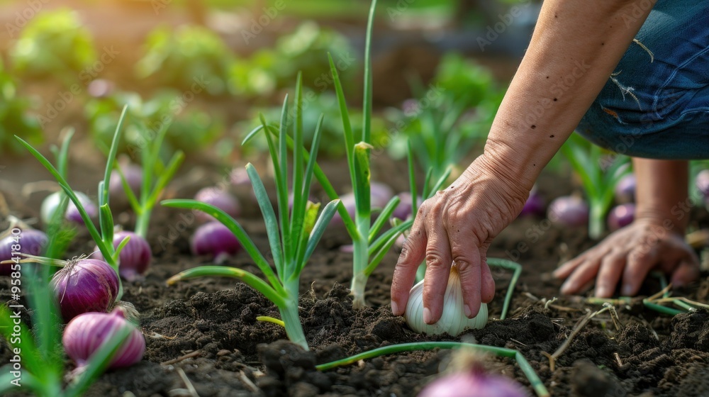 People growing onions and coriander People pick coriander onions in a beautiful garden. People growing onions and coriander People pick coriander onions in a beautiful garden.