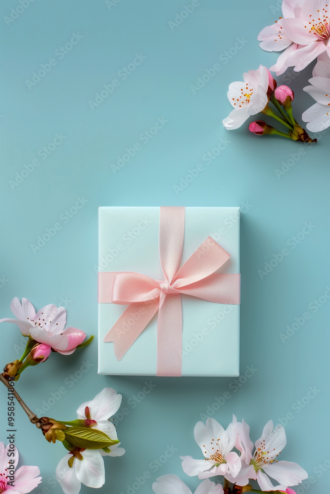 A blue box with a pink ribbon sits on a table next to a bunch of pink flowers A blue box with a pink ribbon sits on a table next to a bunch of pink flowers