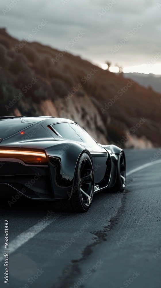 Naklejka premium A black sports car speeds on a mountain road at dawn, its design captured against a dramatic backdrop of a sunlit sky and rugged landscape.