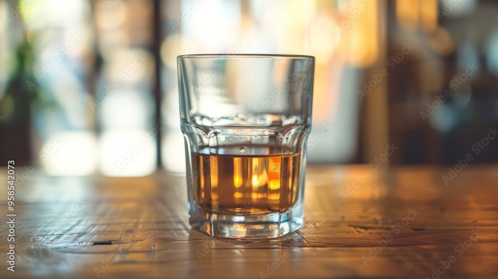 A glass of golden whiskey with ice on a wooden table, reflecting its surroundings. Background implies a casual venue, possibly a bar. A glass of golden whiskey with ice on a wooden table, reflecting its surroundings. Background implies a casual venue, possibly a bar.