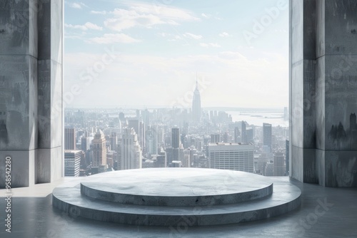 Fototapeta Naklejka Na Ścianę i Meble -  Product podium with city architecture cityscape building.