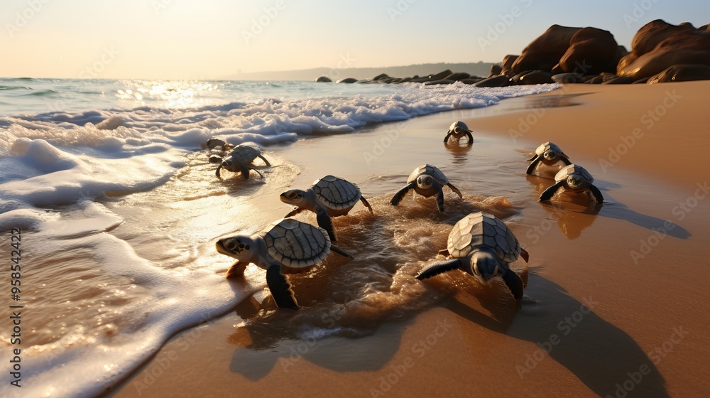 Endangered Baby Sea Turtles Embarking on Ocean Journey at Golden Hour Endangered Baby Sea Turtles Embarking on Ocean Journey at Golden Hour