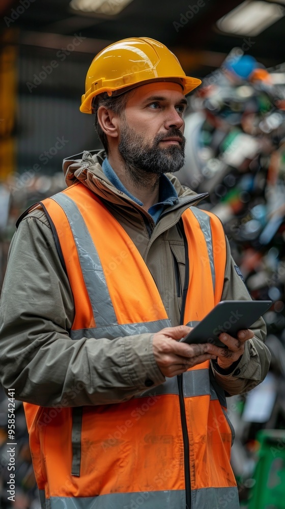 A man in a yellow hard hat and orange vest, in an industrial setting with scrap metal piles, is working with a digital tablet, likely in a role related to production or inventory management. A man in a yellow hard hat and orange vest, in an industrial setting with scrap metal piles, is working with a digital tablet, likely in a role related to production or inventory management.