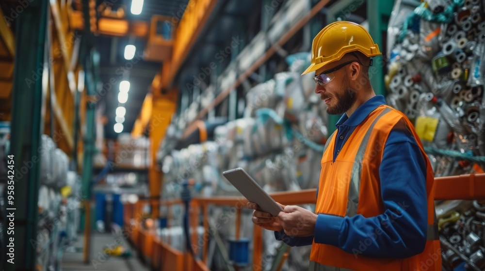 Man in safety gear with tablet in warehouse. Reviewing materials on shelves. Engaged in inventory or production oversight. Man in safety gear with tablet in warehouse. Reviewing materials on shelves. Engaged in inventory or production oversight.