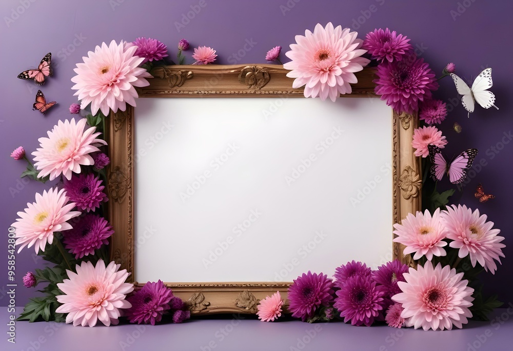 A wooden frame with a white canvas surrounded by vibrant purple, pink, and yellow chrysanthemum flowers A wooden frame with a white canvas surrounded by vibrant purple, pink, and yellow chrysanthemum flowers