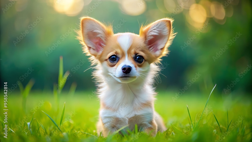 Adorable Chihuahua-fox mix puppy with big brown eyes, fluffy white and orange fur, and tiny ears, sitting cutely Adorable Chihuahua-fox mix puppy with big brown eyes, fluffy white and orange fur, and tiny ears, sitting cutely