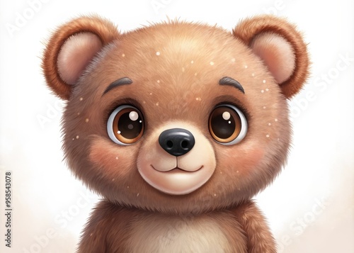 Adorable digitally drawn brown bear with endearing facial expression, rosy cheeks, and bright curious eyes, set against photo