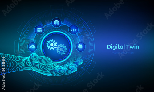 Digital twin business and industrial process modelling technology concept on virtual screen. Innovation and optimisation. Digital twin icon in wireframe hand. Vector illustration.