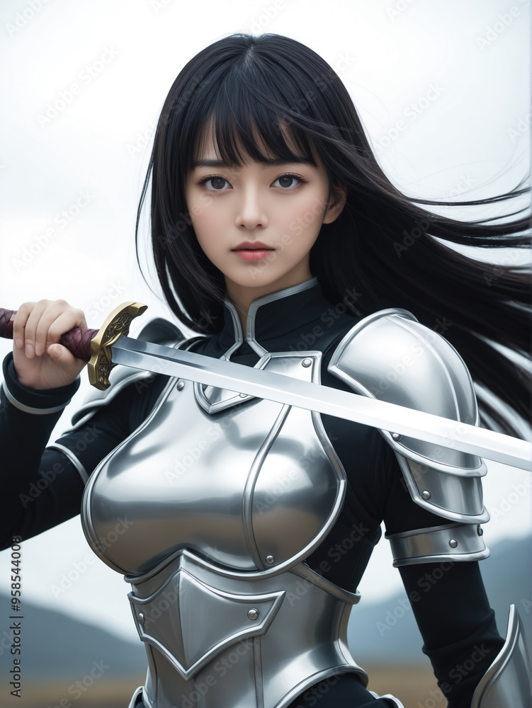 Naklejka premium 剣を構え鋭い目つきで前方を見据える女性戦士、銀色の鎧が黒いインナーと対比し、荒涼とした風景を背景に強さと美しさを際立たせる、風になびく黒髪が動きを感じさせる緊張感あるシーン
