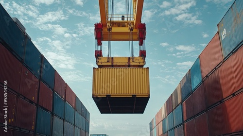 Container being lifted at shipping port front view Cargo handling efficiency