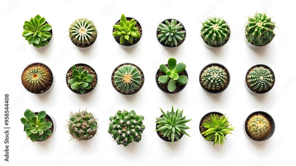 Mini Cacti Delight: Beautiful Collection under Studio Lighting on White Seamless Background, Top-Down View Mini Cacti Delight: Beautiful Collection under Studio Lighting on White Seamless Background, Top-Down View