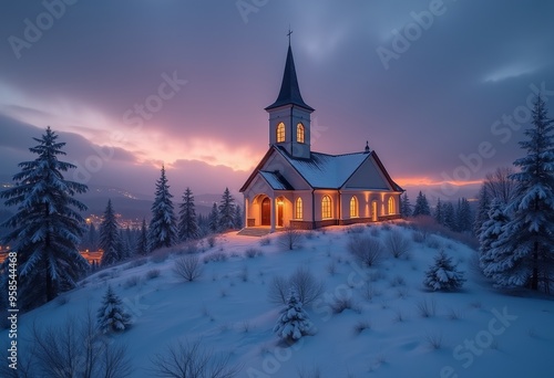 Winter Holiday Home: Snow-Covered House with Warm Glowing Lights