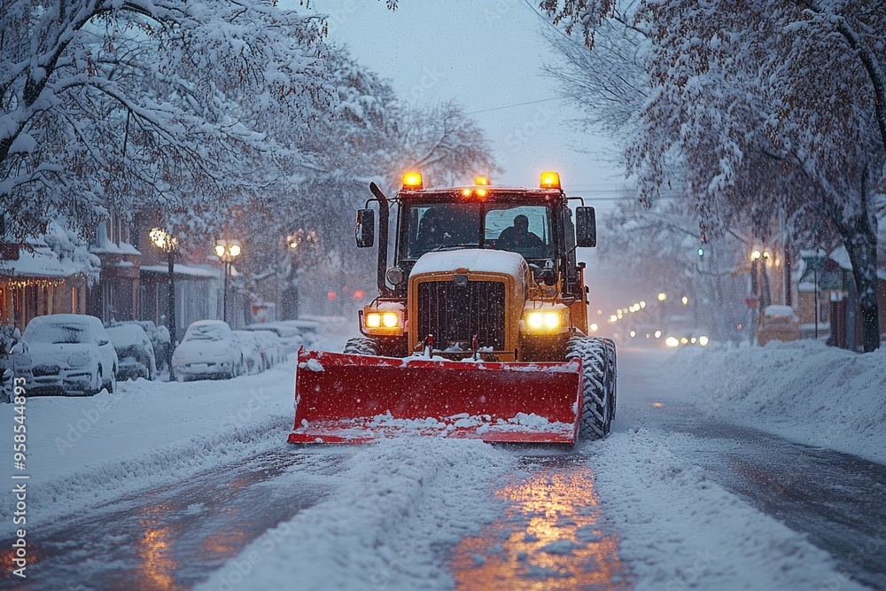 Snowplow truck removing snow from road during snowfall in town Snowplow truck removing snow from road during snowfall in town