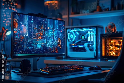 Modern Gaming Setup with Night City Skyline on Monitor