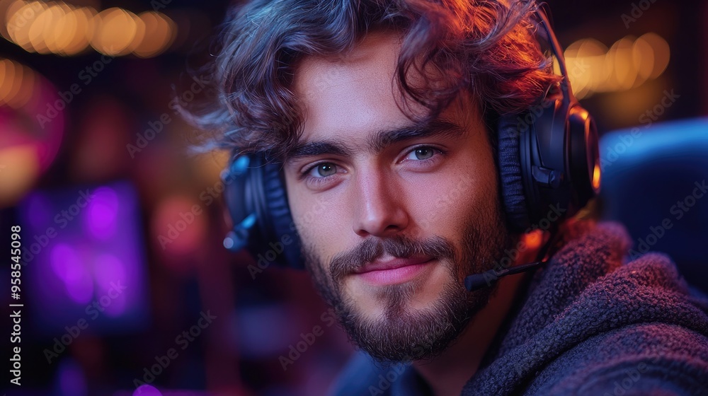 Professional gamer wearing headphones with microphone playing on computer in cyber sport club Professional gamer wearing headphones with microphone playing on computer in cyber sport club