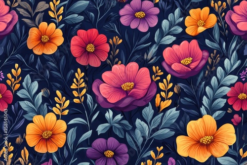 Colorful floral seamless pattern blooming on dark background