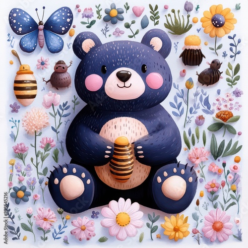 A cheerful bear surrounded by colorful flowers, bees, and a butterfly, capturing a whimsical and playful nature scene. photo