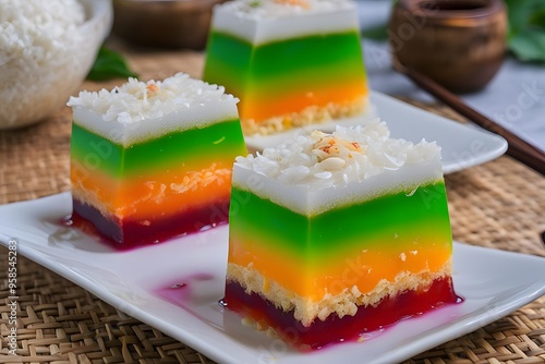 Vietnamese che ba mau a colorful three layer dessert with beans jelly and coconut milk, AI Generated photo