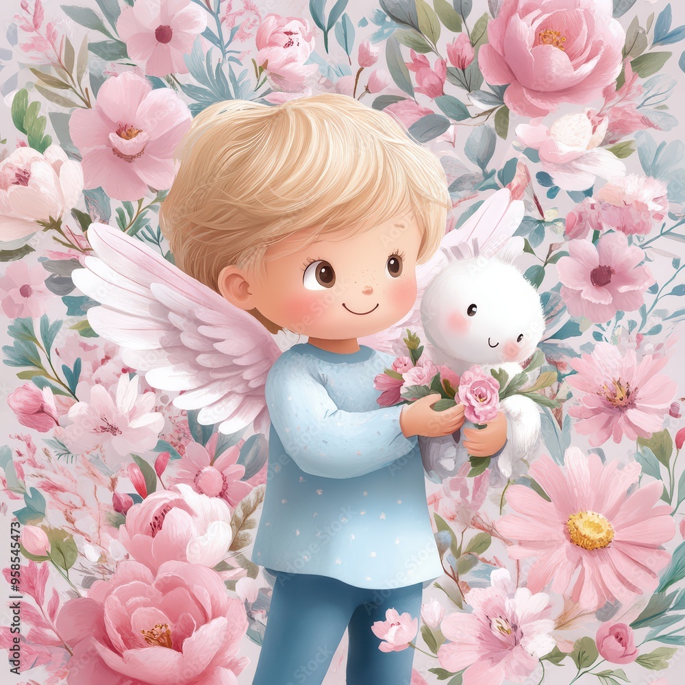 A cheerful child with angel wings holds a cute toy among delicate pink flowers, evoking a sense of innocence and joy. A cheerful child with angel wings holds a cute toy among delicate pink flowers, evoking a sense of innocence and joy.
