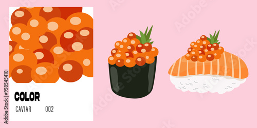 Modern colour palette of orange. Asia sushi color catalog. Tuna, caviar and salmon vector flat poster. Pantone orange food color