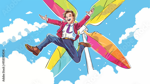 Young Happy Businessman Flying in Sky on Colorful Wind