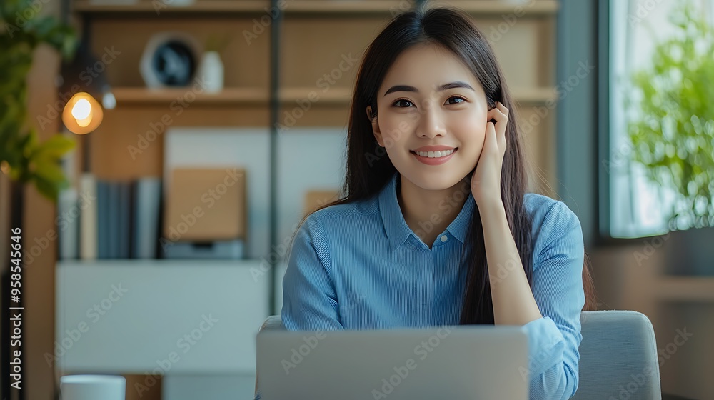 Smiling Woman in a Blue Shirt with a Laptop Smiling Woman in a Blue Shirt with a Laptop