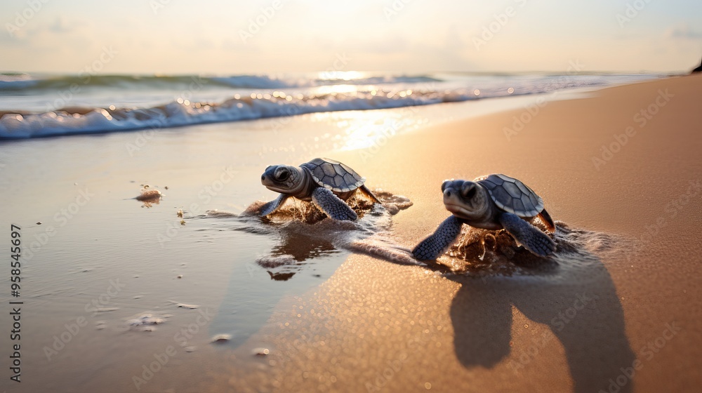 Obraz premium Cute Baby Sea Turtles on a Sandy Beach | Golden Hour Photography of Marine Wildlife