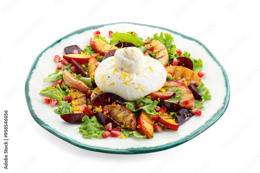 Plate with fresh burrata salad isolated on white Plate with fresh burrata salad isolated on white
