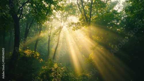 Golden rays of sunlight stream through the dense forest canopy, illuminating the lush greenery and creating a peaceful, natural scene.