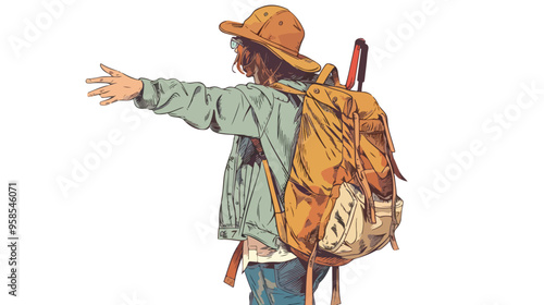 Young Hitchhiking Traveler Hand-drawn Vector Illustration