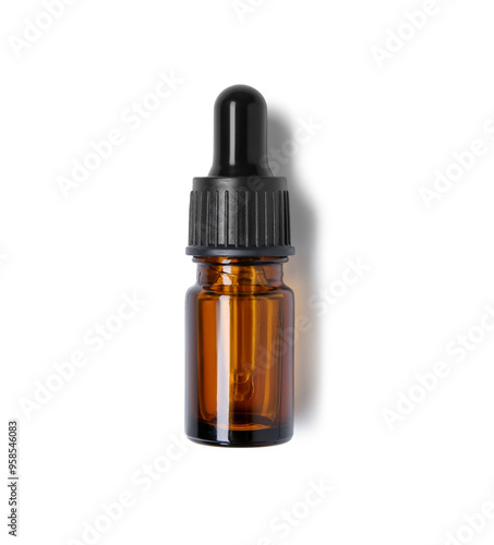 Bottle of essential oil isolated on white, top view