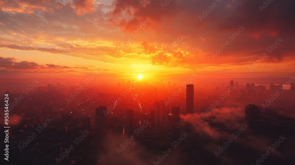 A fiery sunset casts deep red and orange hues over a sprawling city skyline, with dramatic clouds and a glowing horizon creating a breathtaking scene. A fiery sunset casts deep red and orange hues over a sprawling city skyline, with dramatic clouds and a glowing horizon creating a breathtaking scene.