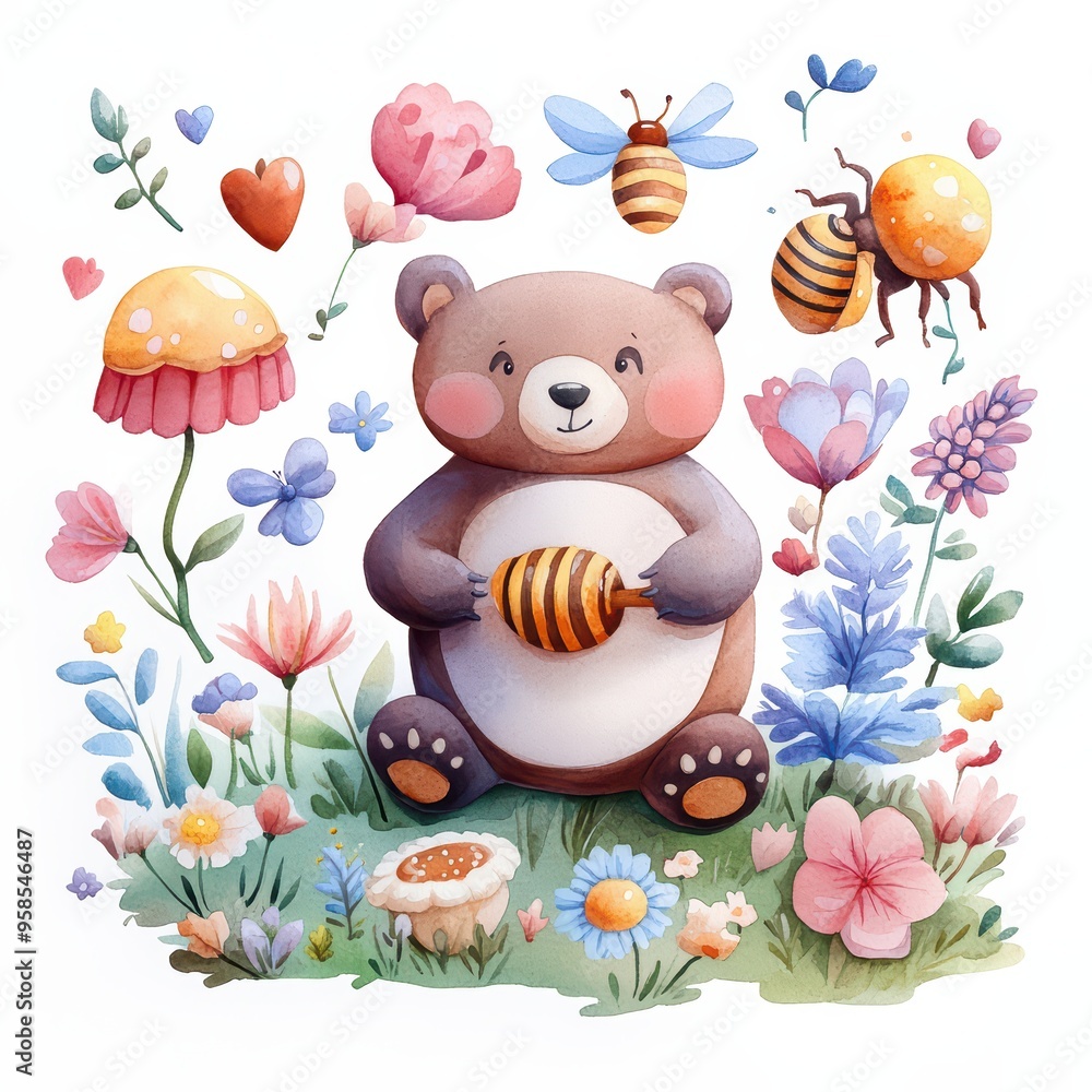 Fototapeta premium A cute bear happily holding honey in a colorful floral garden filled with flowers, bees, and mushrooms.