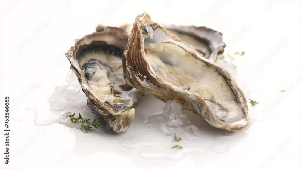 Oysters on ice, isolated on white background, rotating. Healthy sea food. French Fresh Oyster, dinner in restaurant. Gourmet food. Sea food, Slow motion. Oysters on ice, isolated on white background, rotating. Healthy sea food. French Fresh Oyster, dinner in restaurant. Gourmet food. Sea food, Slow motion.