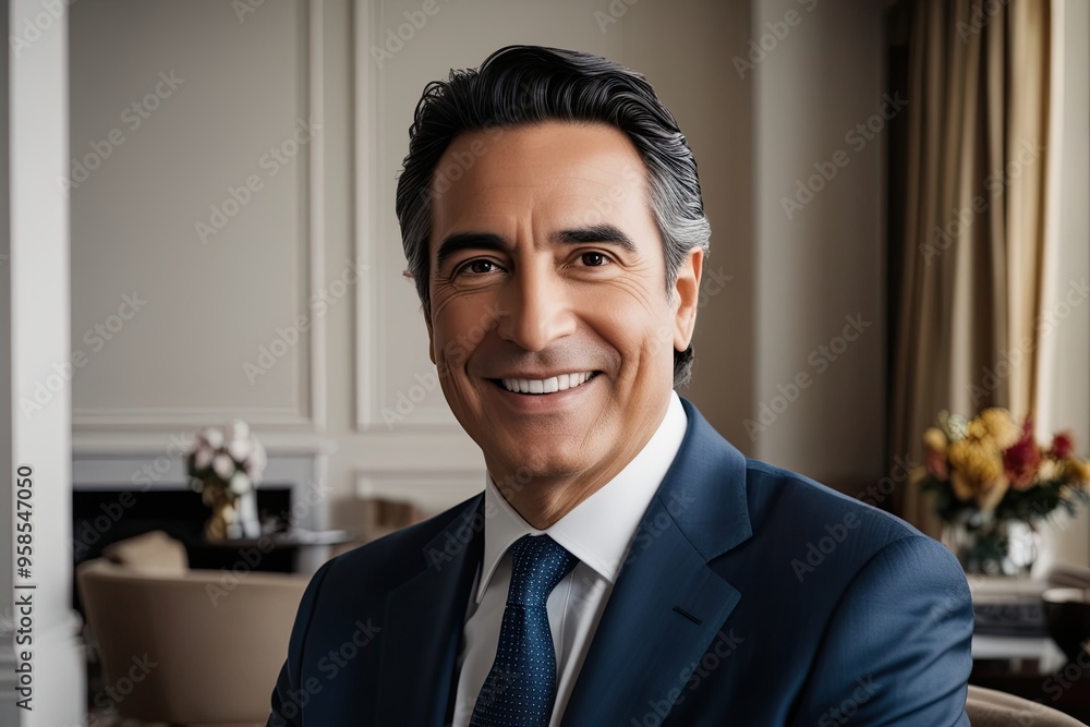 Elegant Portrait of Charismatic Middle-Aged Latin Businessman in Stylish Setting Elegant Portrait of Charismatic Middle-Aged Latin Businessman in Stylish Setting