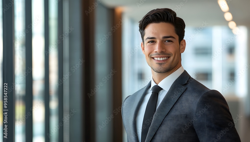 Smiling Businessman in a Suit Standing by a Window Smiling Businessman in a Suit Standing by a Window