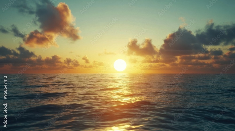 The sun sets over the calm ocean, casting golden light across the sky and water under scattered clouds. The sun sets over the calm ocean, casting golden light across the sky and water under scattered clouds.
