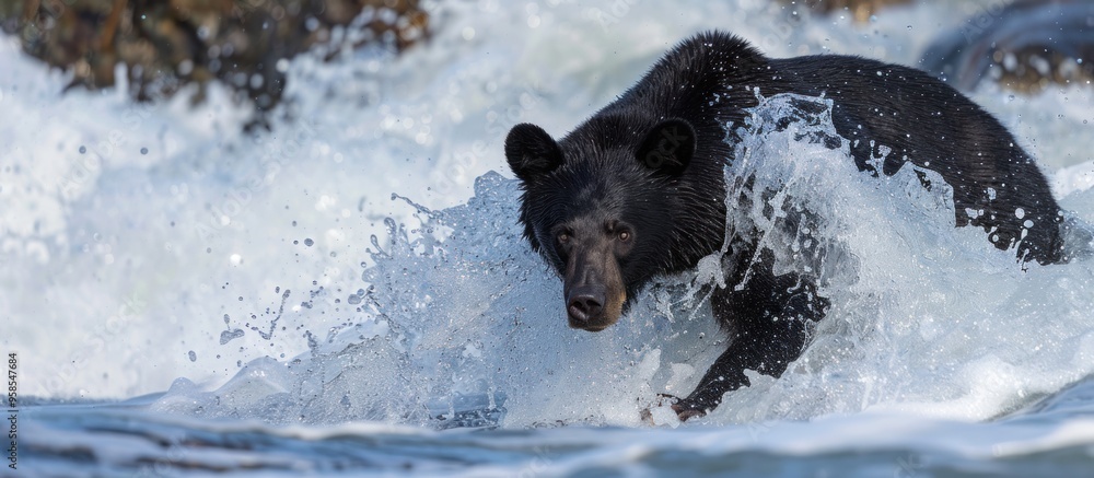 Naklejka premium Black Bear Fishing for Salmon