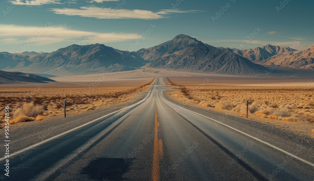 A long road that travels through a vast desert with mountains in the background A long road that travels through a vast desert with mountains in the background