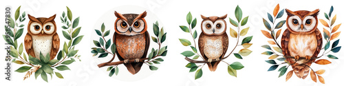 A collection of charming owl illustrations surrounded by vibrant foliage, perfect for nature-themed designs and decor. photo